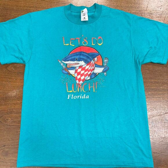 Vintage Fruit-of-the-loom Large Blue Teal T-shirt Florida Shark - Picture 1 of 6